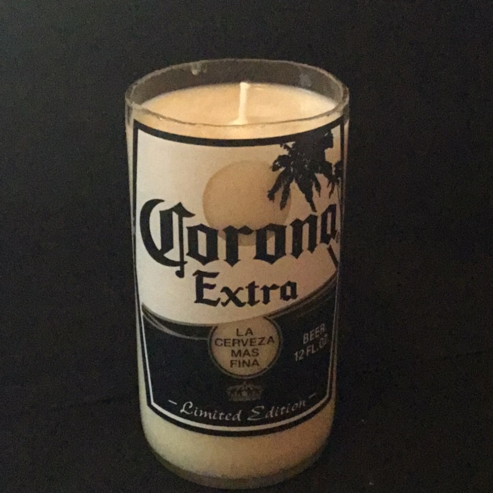 Corona Branded Cream and Black Glass Candle